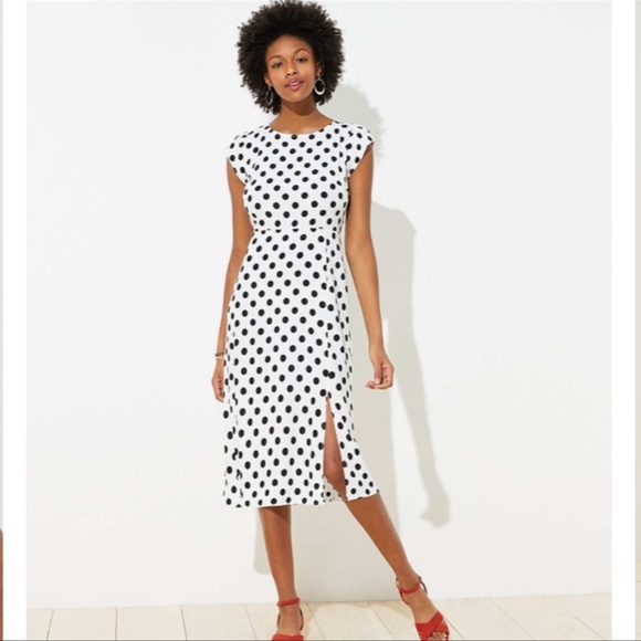 LOFT Black and White Polka Dot Cap Sleeve Column Midi Dress with Side Slit - Picture 1 of 9
